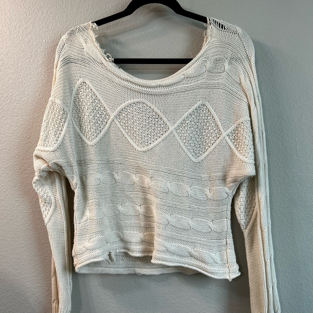 Distressed, off shoulder, cropped sweater; size Medium